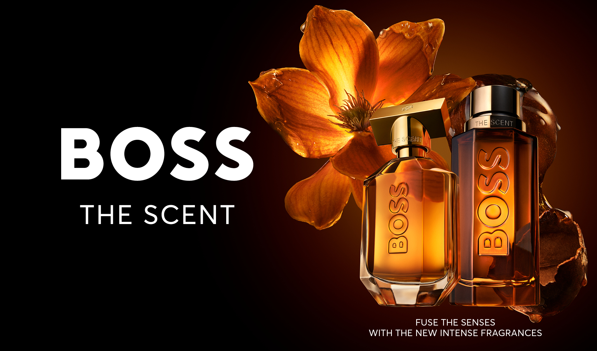 Hugo Boss The Scent-parfymeannonse med to ravfargede flasker.