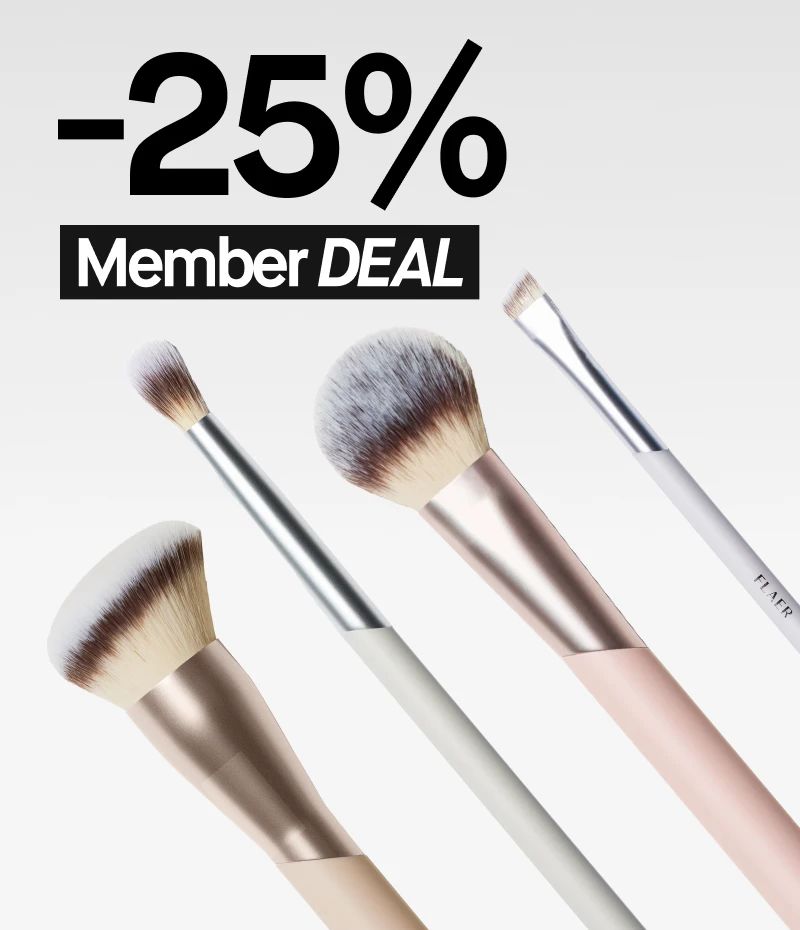 Neljä erilaista meikkisivellintä aseteltuna vierekkäin. Kuvassa näkyy myös teksti "-25% Member DEAL".