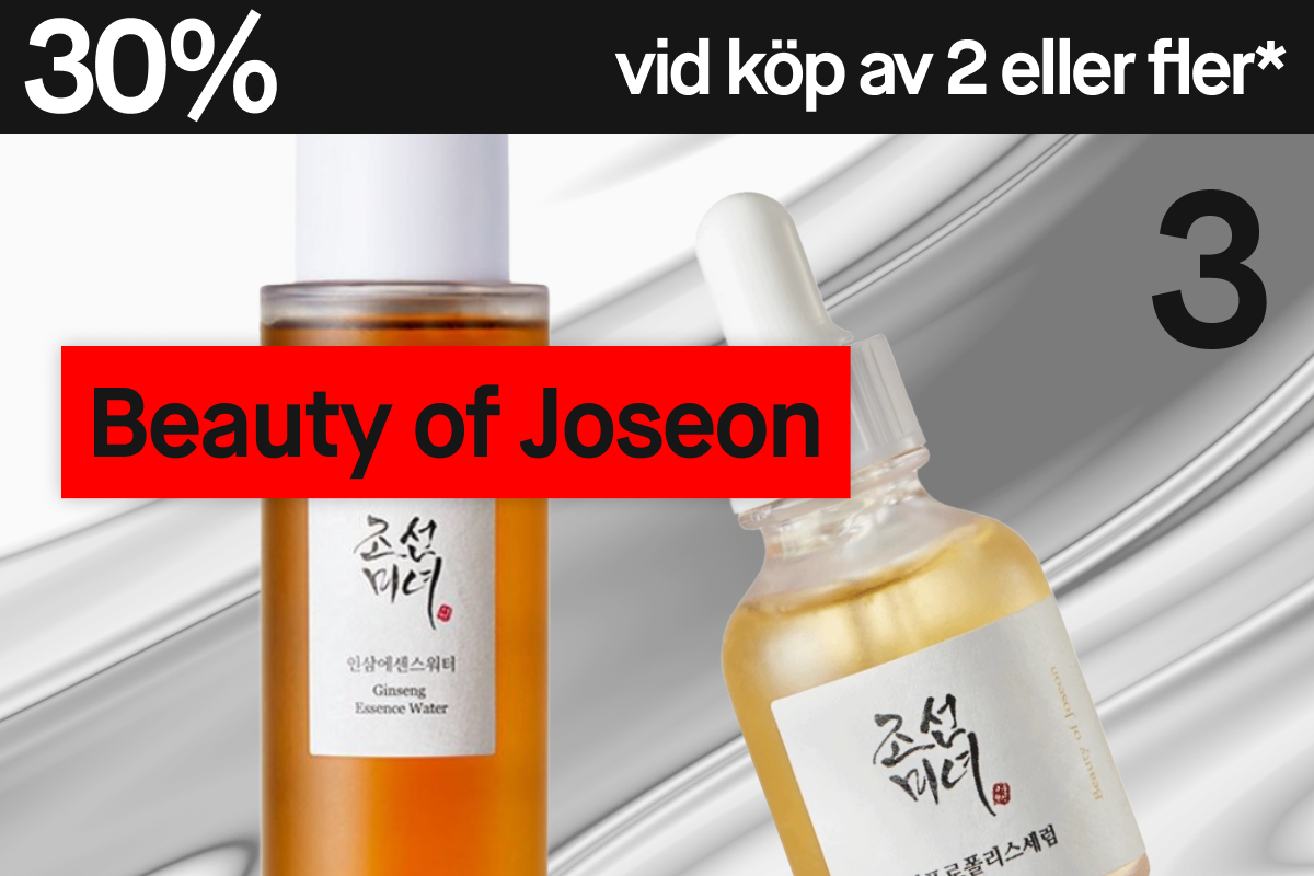 Reklambild med 30 % rabatt vid köp av två Beauty of Joseon-produkter. Två koreanska hudvårdsprodukter visas: Ginseng Essence Water i brun glasflaska och ett serum med pipett i ljusgul flaska.