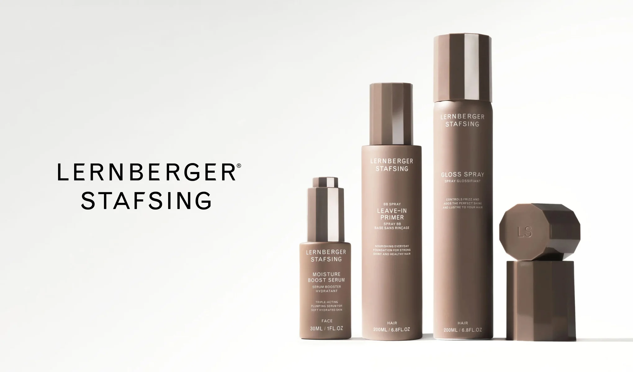 Hud- og hårpleieprodukter fra Lernberger Stafsing mot en lys bakgrunn.