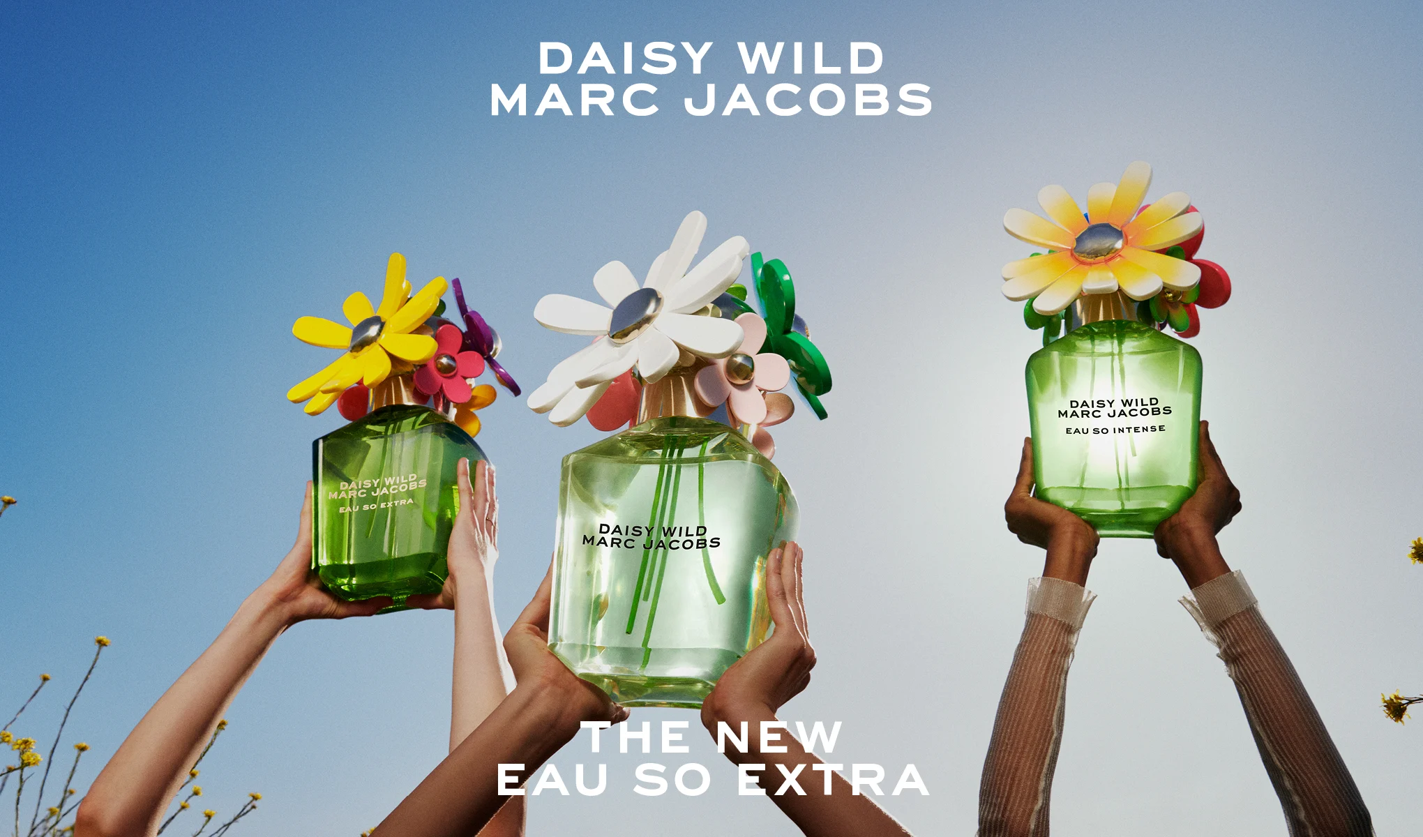 Tre hender holder opp Daisy Wild Marc Jacobs-parfymer mot en blå himmel med blomsterdetaljer.