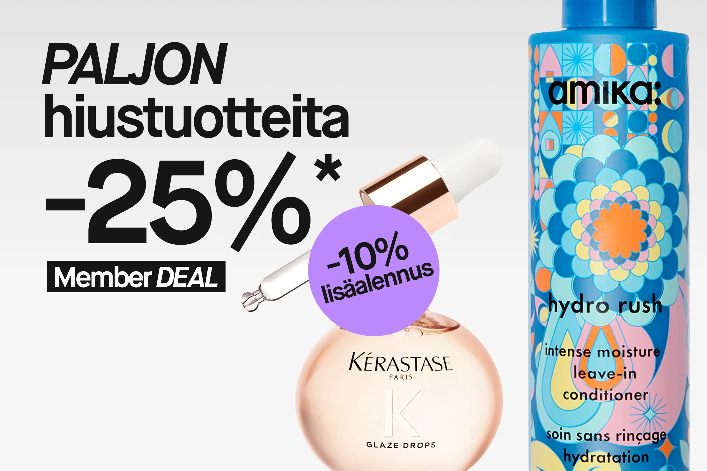 Kampanjakuva, jossa teksti ”Massor av hårprodukter 25%” ja ”Member DEAL”. Kuvassa useita hiustuotteita, kuten sininen Amika-suihkepullo, oranssi Curl Crush -tuubi Hairlustilta, vihreä Björn Axén -pullo ja pieni lasinen hiustuotepullo. Vaaleanpunainen ympyrä, jossa teksti ”Hair MAGIC”.