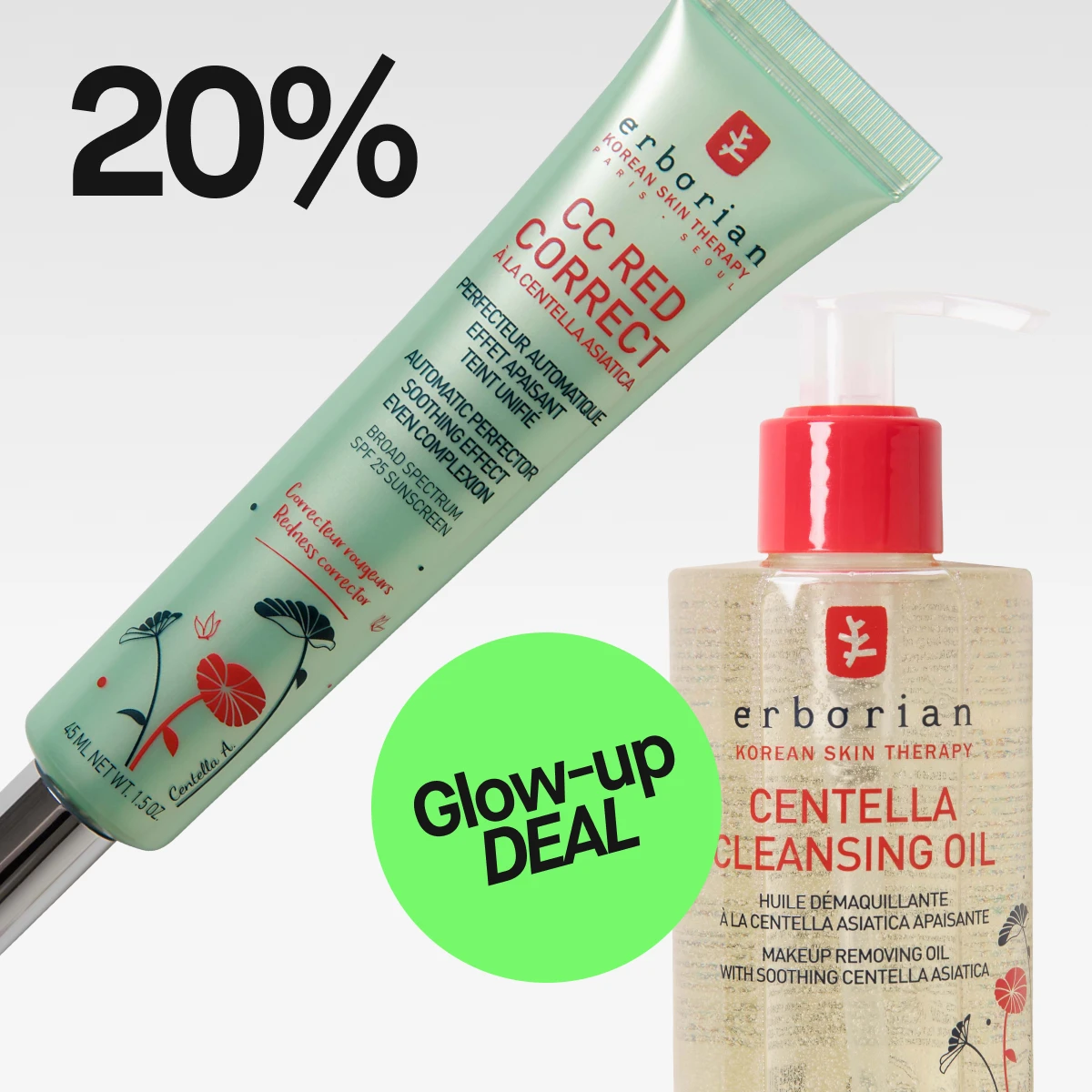  Et bilde som viser to produkter fra Erborian Korean Skin Therapy. Øverst er det en grønn tube med CC Red Correct. Nedenfor er det en flaske med Centella Cleansing Oil. Teksten "20%" og "Glow-up DEAL" vises på bildet, noe som indikerer at produktene er på tilbud med 20% rabatt.