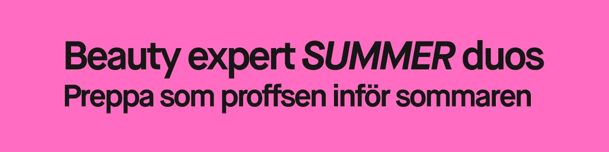 Rosa banner med texten “Beauty expert SUMMER duos” och “Preppa som proffsen inför sommaren”. 