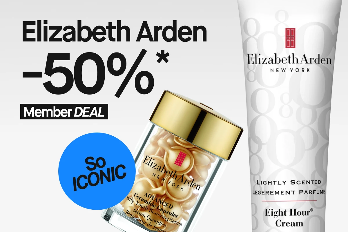 Kampanjakuva, jossa teksti ”Elizabeth Arden 50 %* Member DEAL”, sinisessä ympyrässä ”So ICONIC”, sekä Advanced Ceramide Capsules ja Eight Hour Cream.