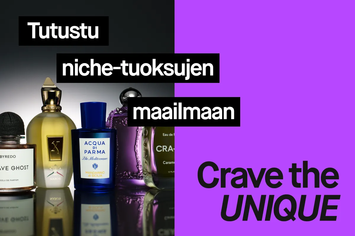 Kokoelma eksklusiivisia niche-parfyymia, mukaan lukien Byredo Mojave Ghost, Xerjoff Naxos, Acqua di Parma Blu Mediterraneo Mandarino di Sicilia ja CRA-YON Eau de Parfum. Kuvassa näkyy teksti ”Upptäck nischdofternas värld” (Löydä niche-tuoksujen maailma) ja ”Crave the UNIQUE” (Himoitse ainutlaatuista).