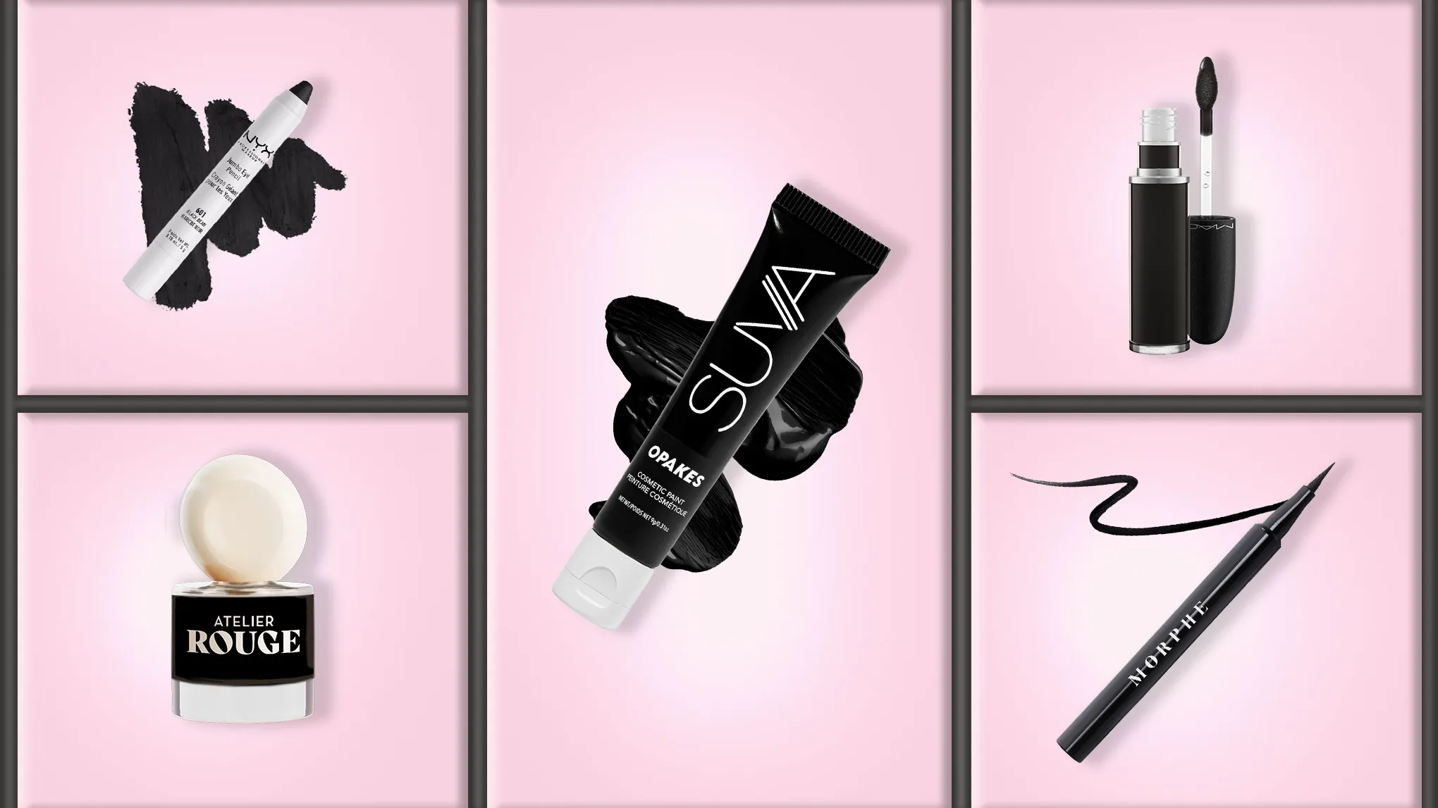 Fem svarte sminkeprodukter på rosa bakgrunn – inkludert flytende eyeliner, kajal og kremfarge i tube.