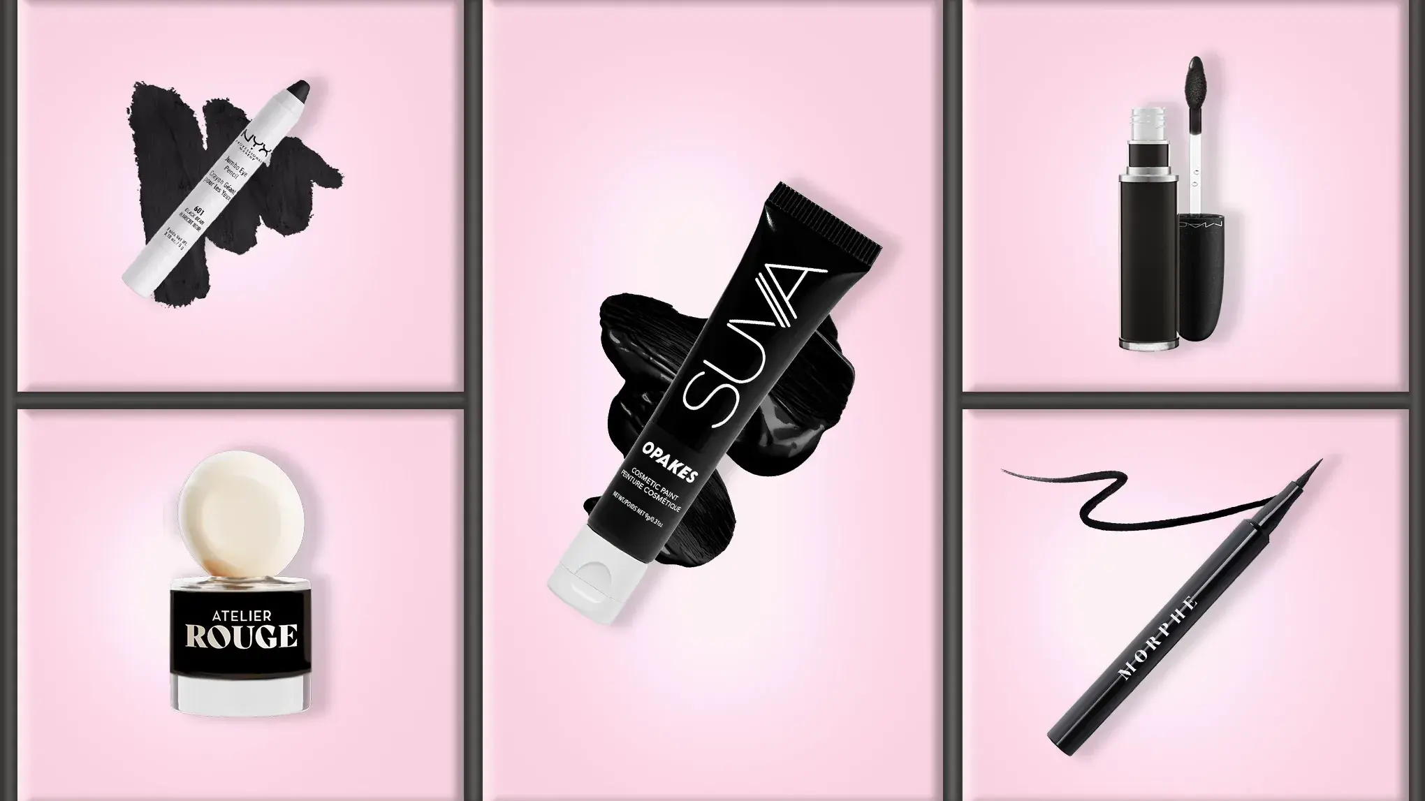 Fem svarte sminkeprodukter på rosa bakgrunn – inkludert flytende eyeliner, kajal og kremfarge i tube.
