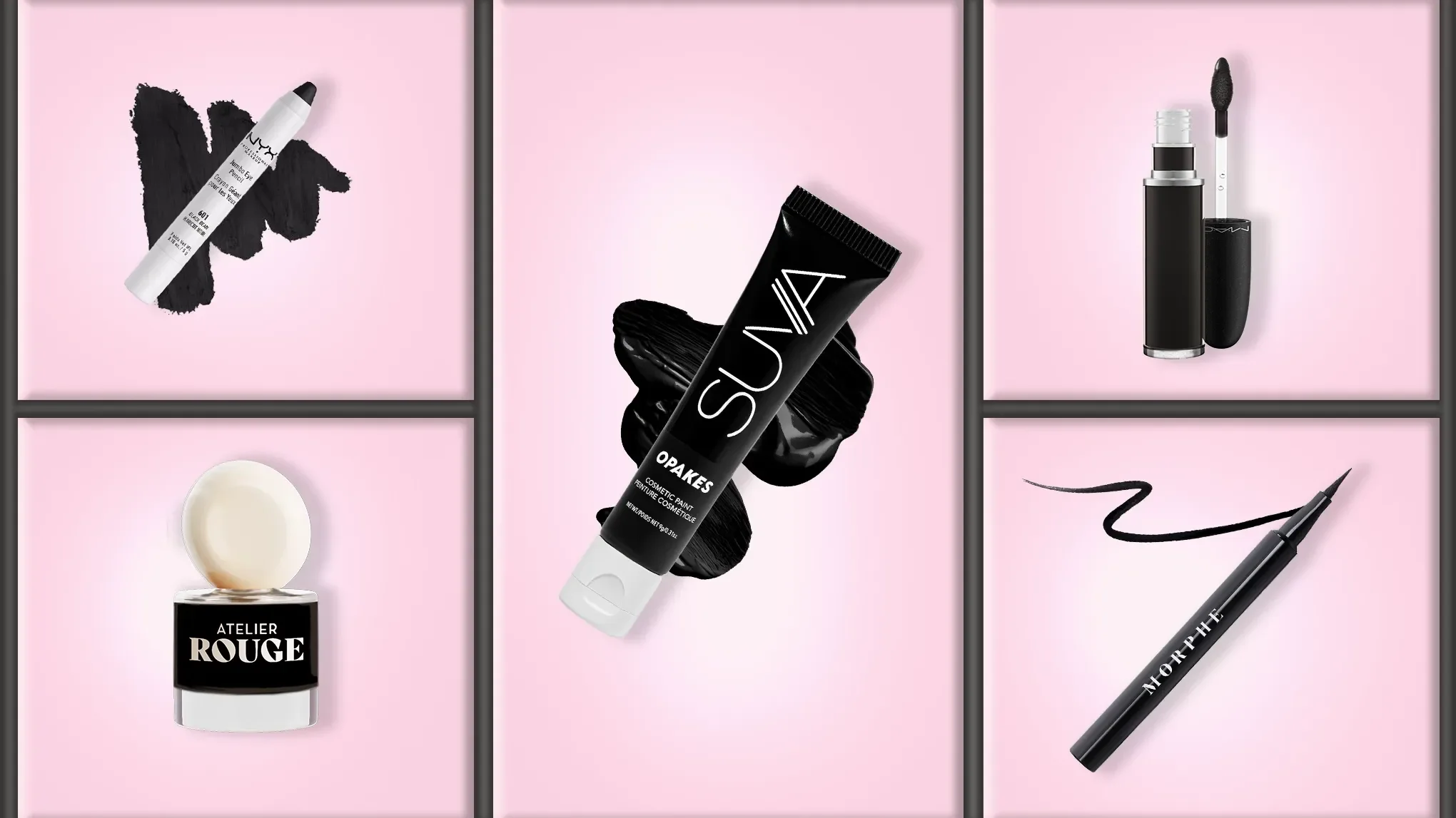 Fem svarte sminkeprodukter på rosa bakgrunn – inkludert flytende eyeliner, kajal og kremfarge i tube.