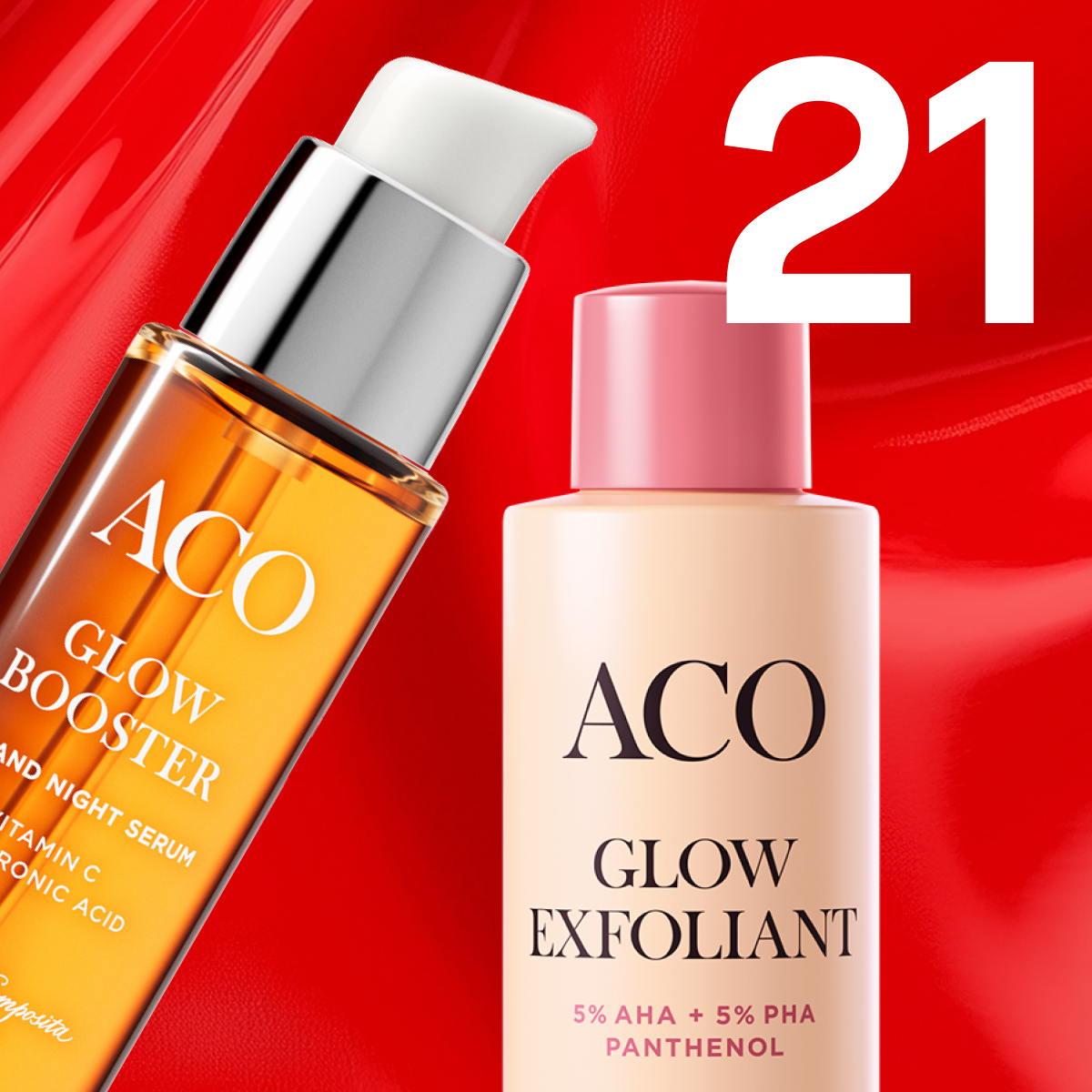 50 % rabatt på dessa två ACO-produkter för medlemmar: Glow Booster och Glow Exfoliant.