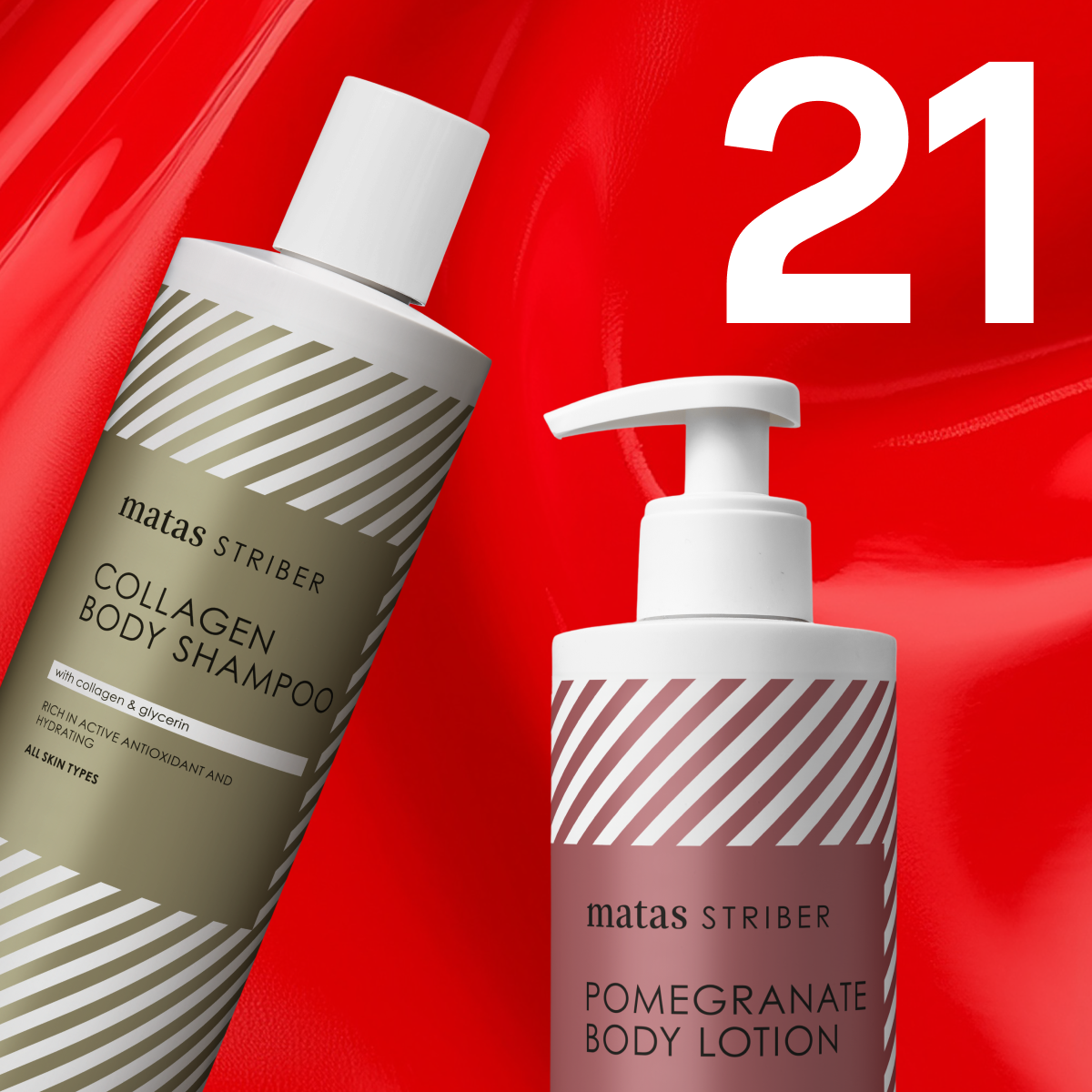 50 % rabatt på disse to Matas Striber-produktene for medlemmer: Collagen Body Shampoo og Pomegranate Body Lotion.