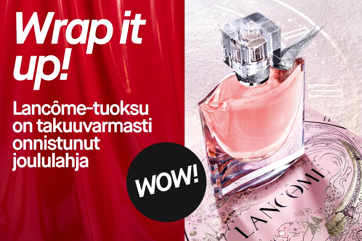 Kuva, joka näyttää useita Lancome hajuvettä. Teksti "Wrap it up!" on näkyvissä. Tausta on punainen vaaleanpunaisilla yksityiskohdilla.