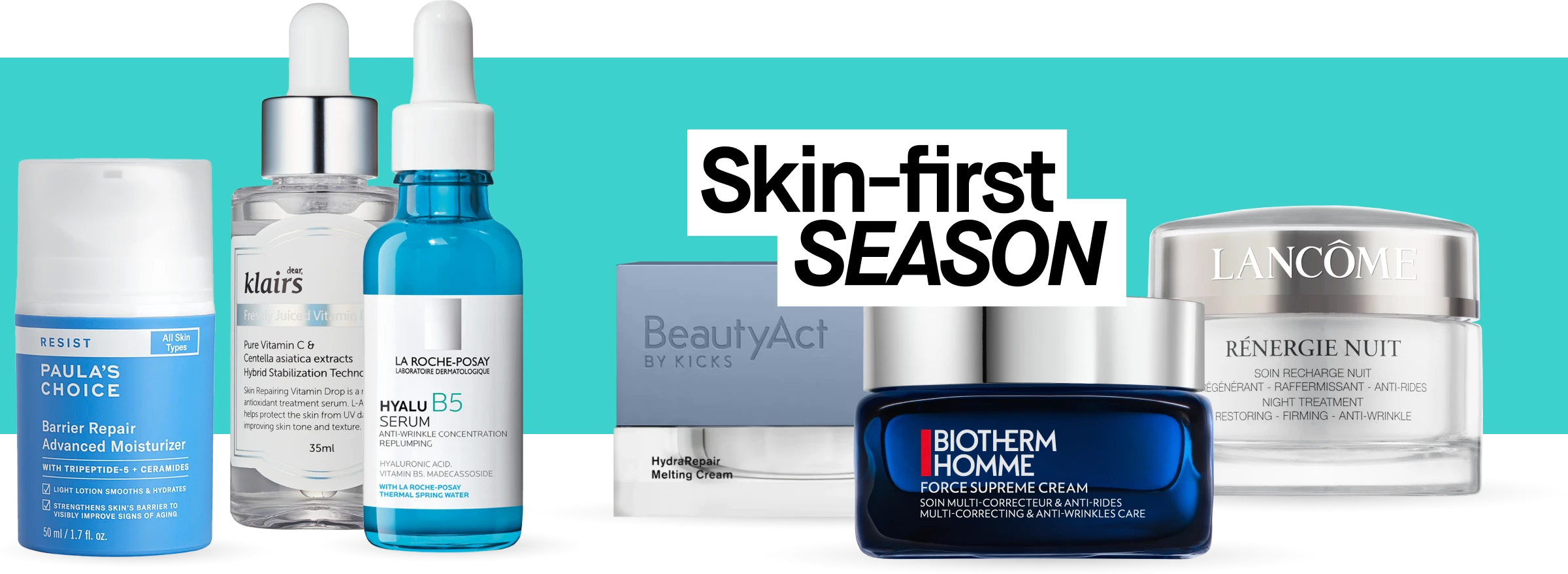 Hudvårdsprodukter i olika storlekar och förpackningar, inklusive serumflaskor och krämburkar, arrangerade mot turkos bakgrund med texten ”Skin-first SEASON”.