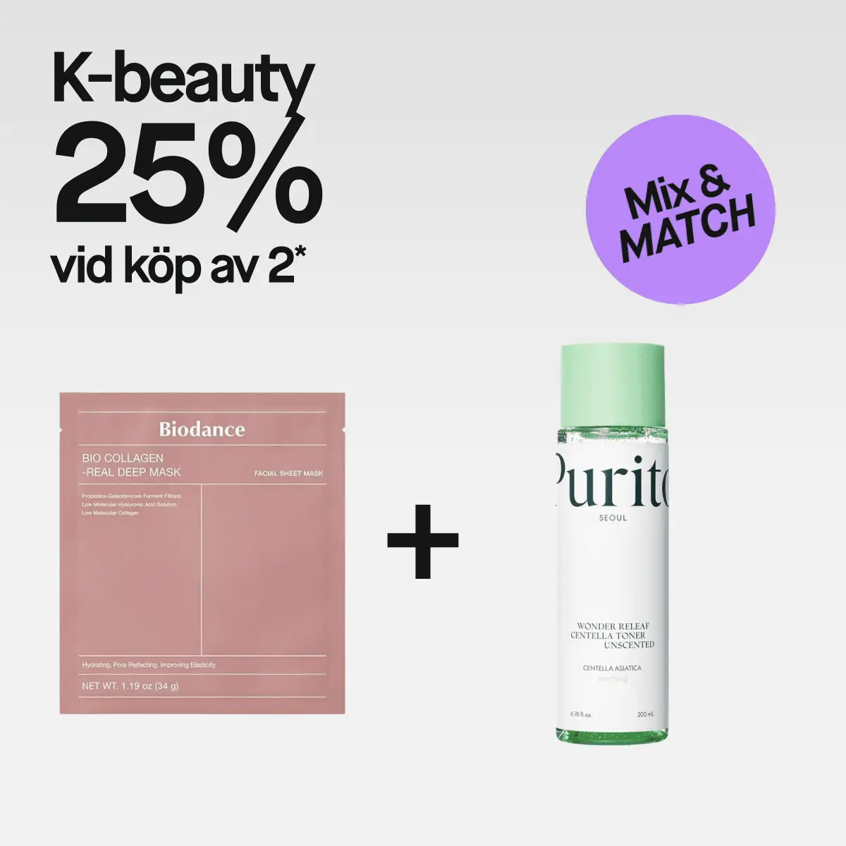 K-beauty Mix & Match med 25% vid köp av 2*. Biodance Bio Collagen Real Deep Mask facial sheet mask med probiotics-galactomyces ferment filtrate, low molecular hyaluronic acid solution, low molecular collagen, hydrating, pore perfecting, improving elasticity och NET WT. 1.19 oz (34 g), tillsammans med Purito Seoul Wonder Releaf Centella Toner Unscented med Centella Asiatica, soothing, 6.76 fl. oz. och 200 ml.