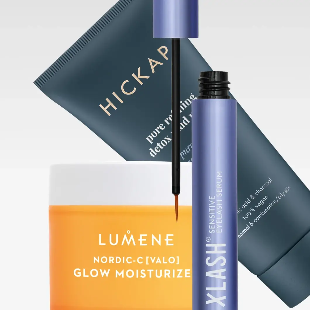 Lumene fuktighetskräm, Hickap detox lermask och Xlash sensitive ögonfransserum.