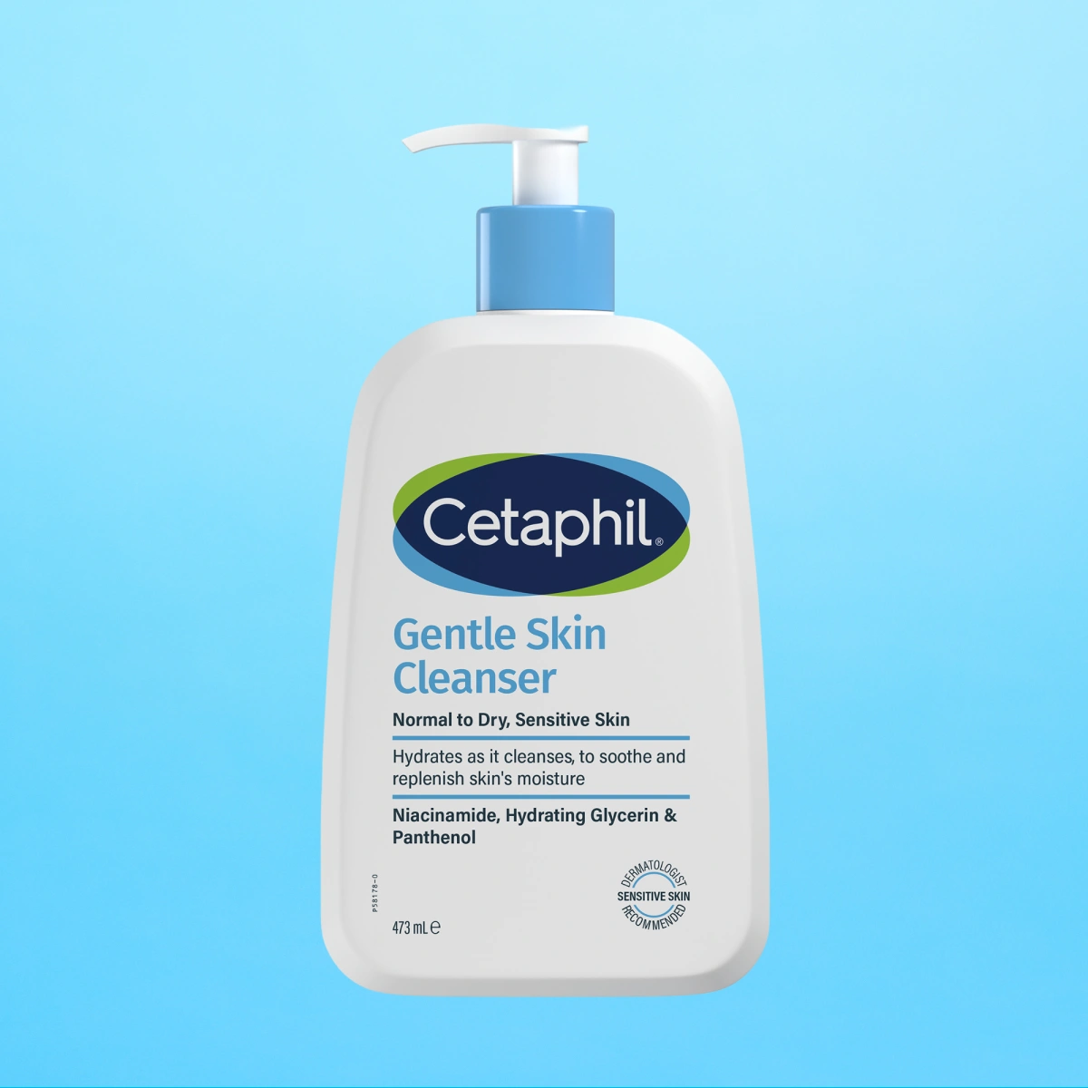 Cetaphil Gentle Skin Cleanser -puhdistusaine pumppupullossa vaaleansinisellä taustalla.
