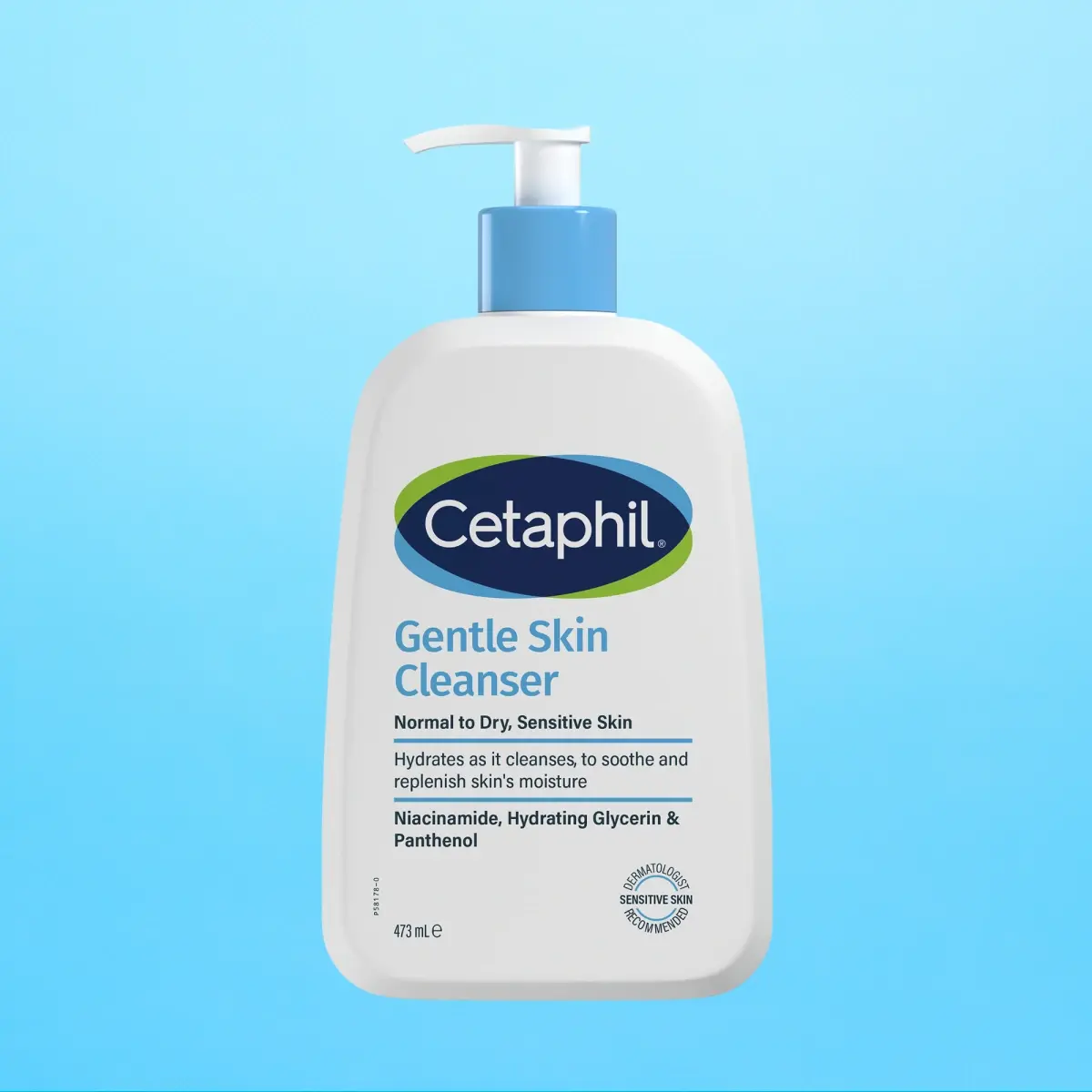 Cetaphil Gentle Skin Cleanser -puhdistusaine pumppupullossa vaaleansinisellä taustalla.