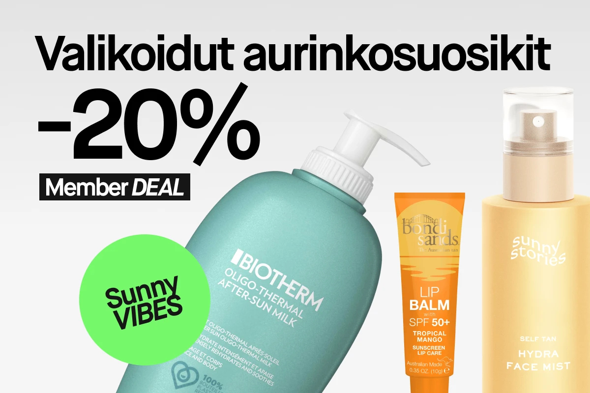 Valikoidut aurinkosuosikit -20% Member DEAL. Kuvassa kolme aurinkotuotetta: Biotherm Oligo-Thermal After-Sun Milk, Sunny Stories Self Tan Hydra Face Mist ja Bondi Sands Tropical Mango Lip Balm SPF 50+.