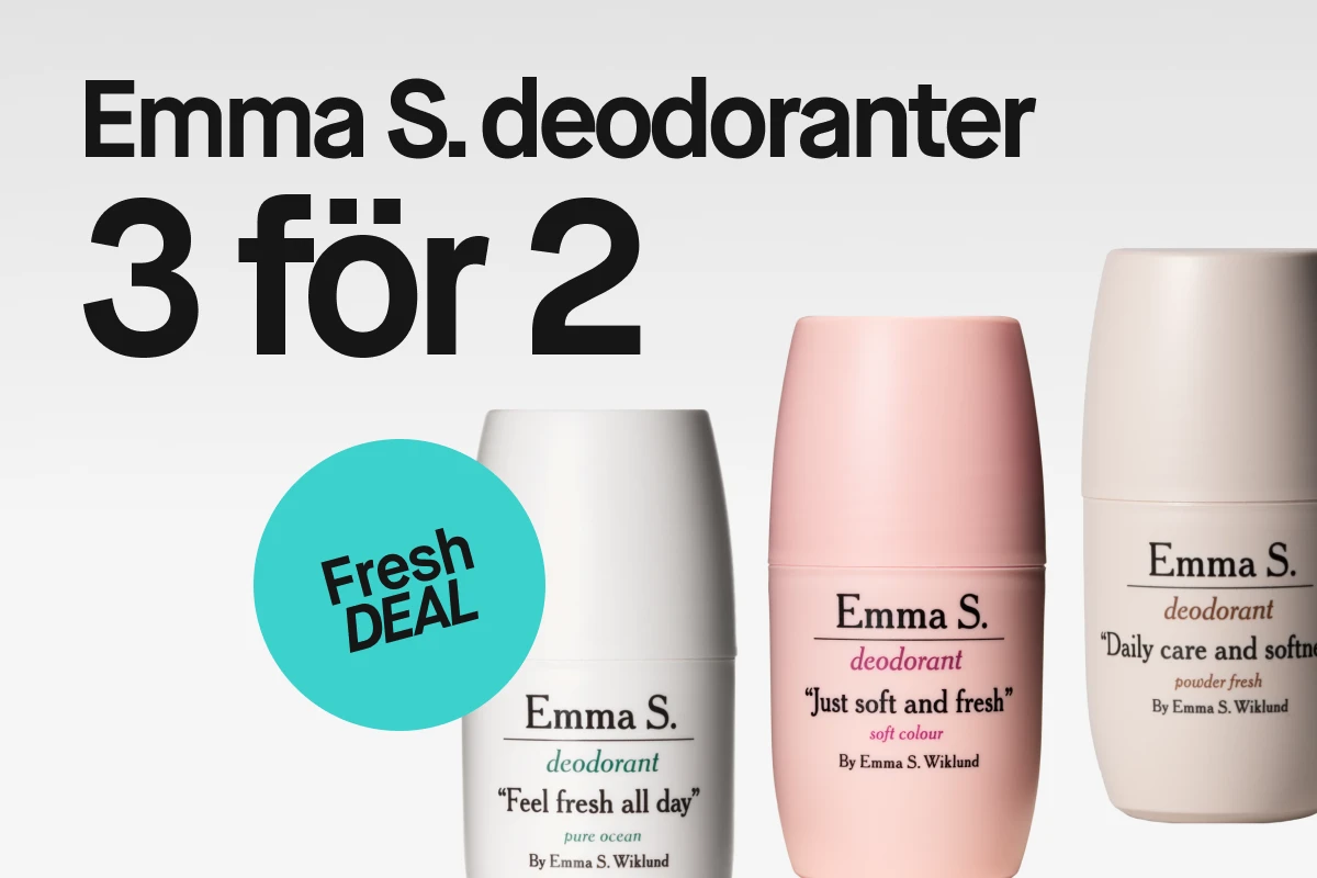 Tre Emma S. deodoranter med texten 'Emma S. deodoranter 3 för 2' och en turkos cirkel med texten 'Fresh DEAL'.