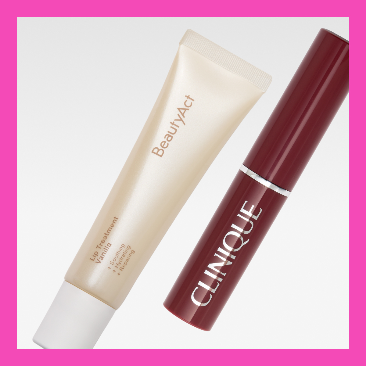 To leppeprodukter, BeautyAct og Clinique, på lys bakgrunn med rosa kant.