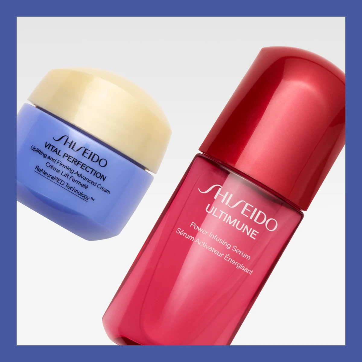 Shiseido Vital Perfection -voide sinisessä purkissa ja Shiseido Ultimune -seerumi punaisessa pullossa.