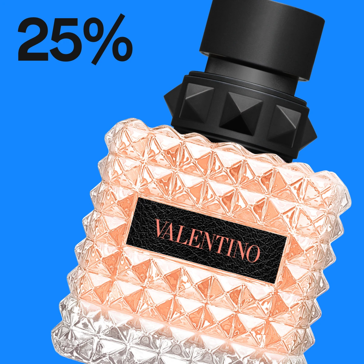Valentino parfymeflaske med teksten 20% rabatt, mot en blå bakgrunn.