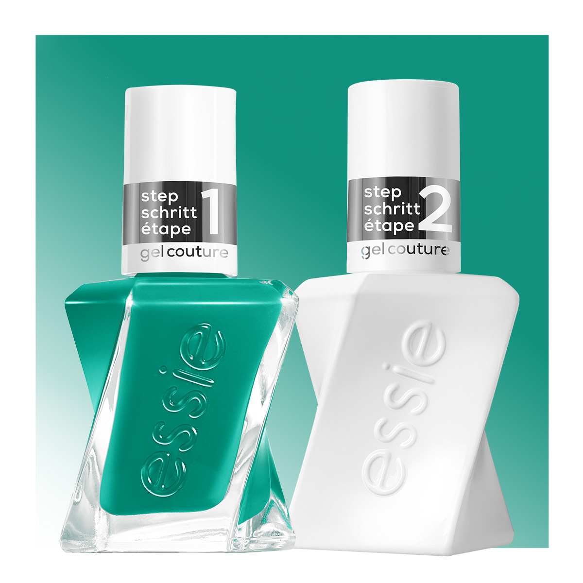 Två Essie-nagellacksflaskor mot grön bakgrund. Till vänster grön nagellack med texten "step 1", och till höger vit topplack med texten "step 2".