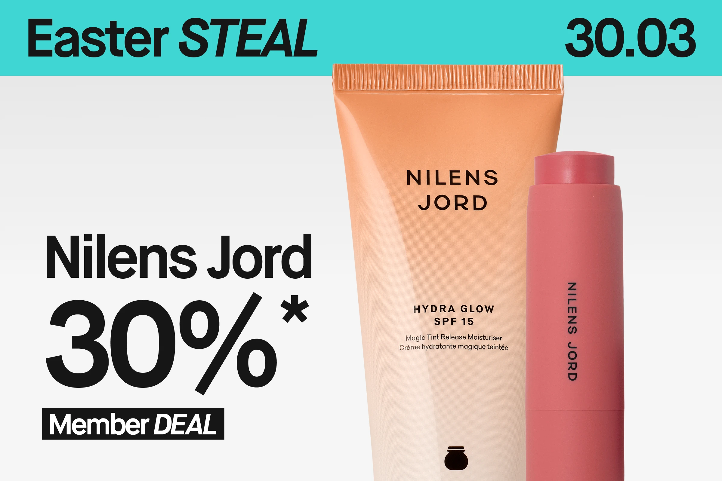 Banner med teksten «Easter STEAL 30/3» og «Nilens Jord 30% Member DEAL» samt produktbilde av Nilens Jord Hydra Glow SPF 15 og rosa stickprodukt mot lys bakgrunn med turkis toppfelt.