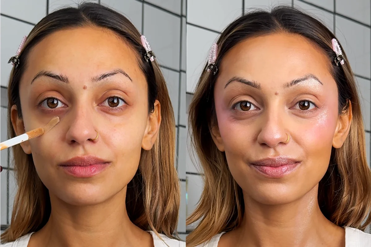 En tutorial som viser steg for steg hvordan man sminker seg til Glinda. Bildet viser en person med mørkt hår og en hvit topp, som bruker en hvit applikator for å påføre sminke. Personen har rosa hårklemmer og står mot en bakgrunn med hvite og svarte fliser.