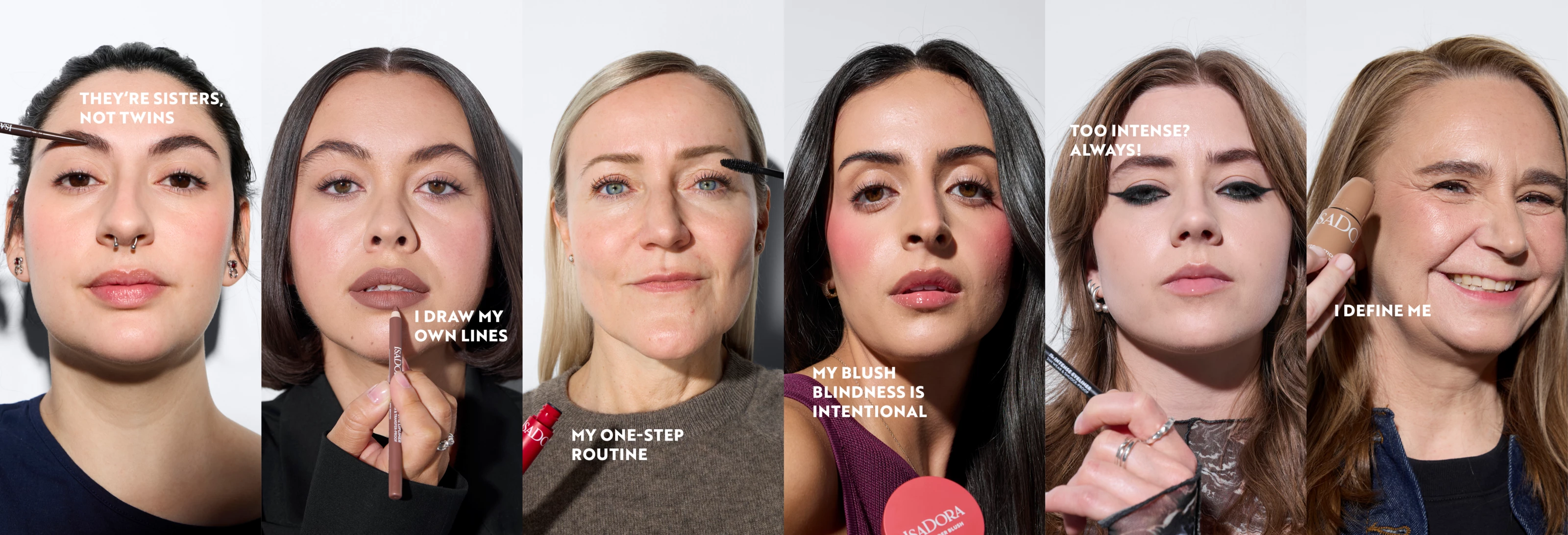 Seks personer viser frem forskjellige sminkeprodukter fra IsaDora, inkludert leppestift, foundation og blush.