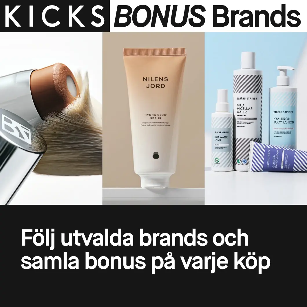 Bild för KICKS Bonus Brands med makeupborste, produkt från Nilens Jord och produkter från Matas Striber. Text: ”Följ utvalda brands och samla bonus på varje köp”.