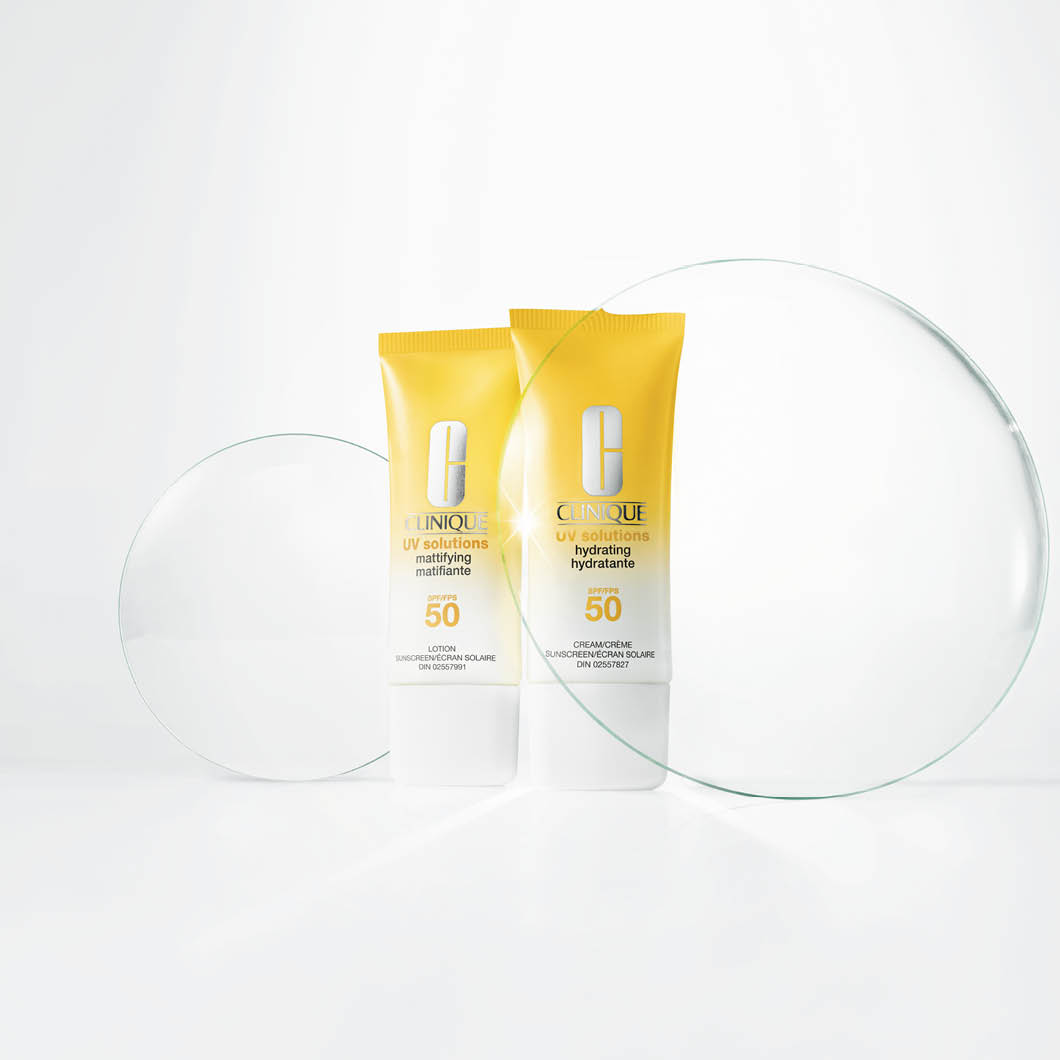 Markkinointikuva Clinique UV Solutions SPF 50 -aurinkosuojista. Kuvassa kaksi keltaista tuubia (mattifying ja hydrating)