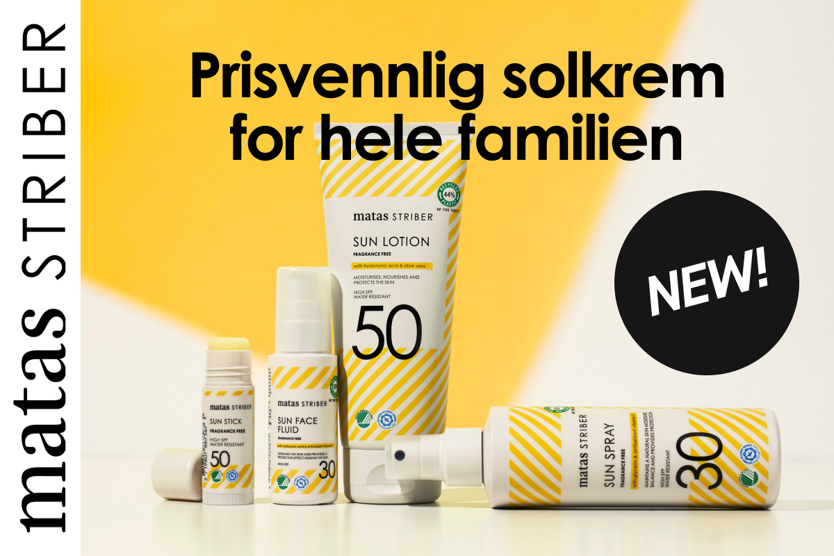 Flere Matas Striber solbeskyttelsesprodukter i ulike emballasjer vises, sammen med teksten “Prisvärda solskydd för hela familjen” og merket “New!”.