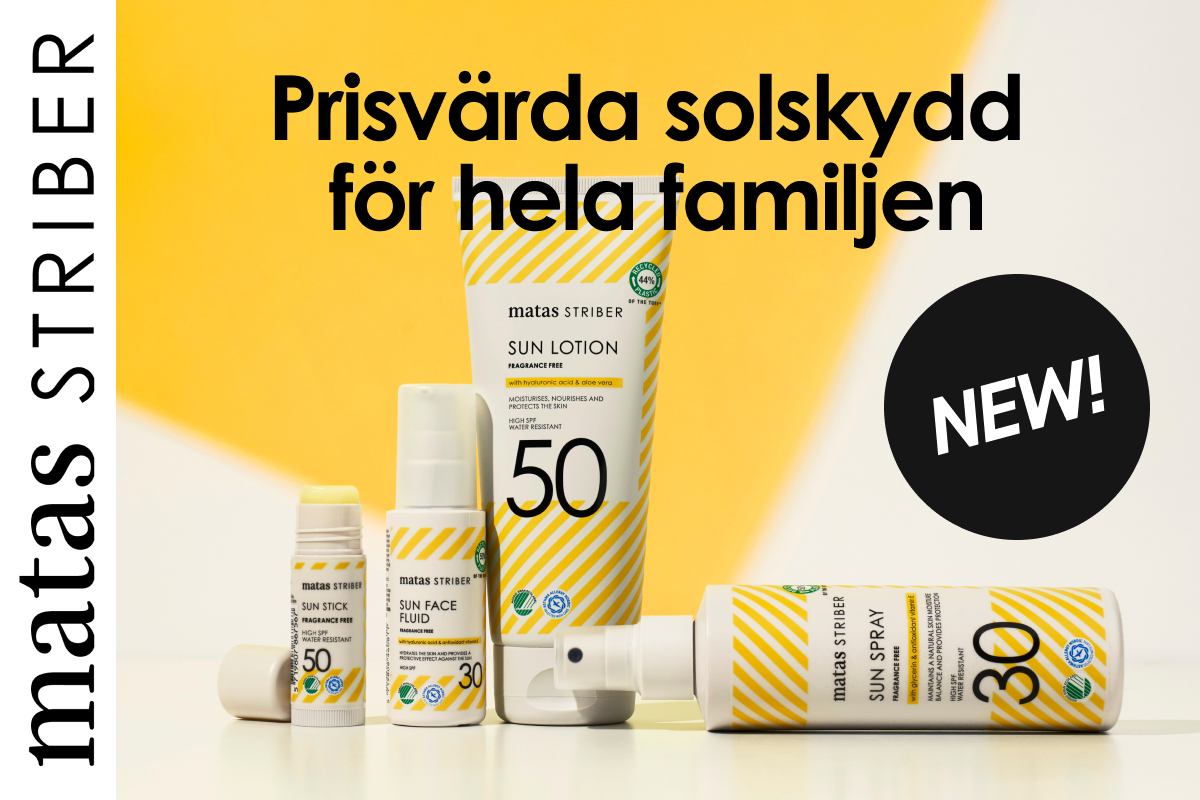 Flera Matas Striber solskyddsprodukter i olika förpackningar visas, tillsammans med texten “Prisvärda solskydd för hela familjen” och märkningen “New!”.