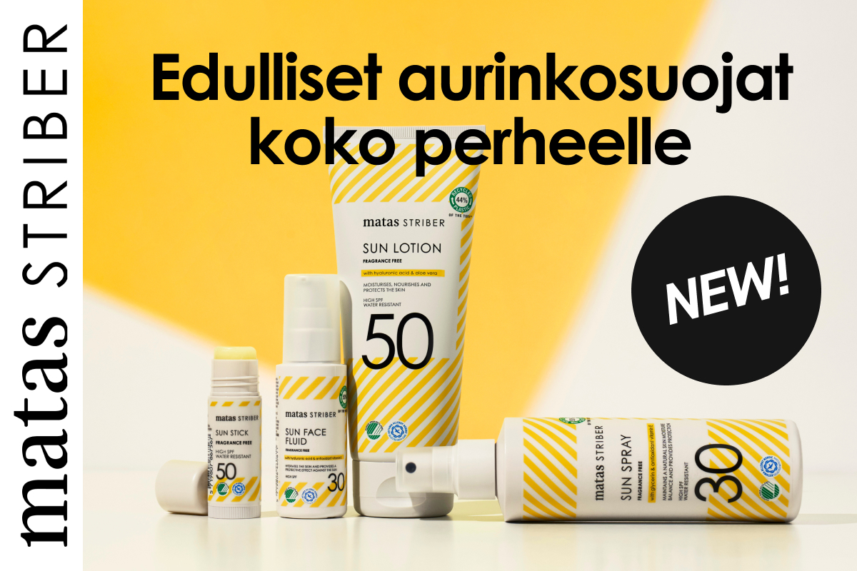Matas Striber -aurinkosuojatuotteita eri pakkauksissa esillä, sekä teksti “Prisvärda solskydd för hela familjen” ja merkintä “New!”.