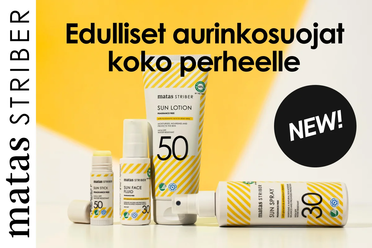 Matas Striber -aurinkosuojatuotteita eri pakkauksissa esillä, sekä teksti “Prisvärda solskydd för hela familjen” ja merkintä “New!”.