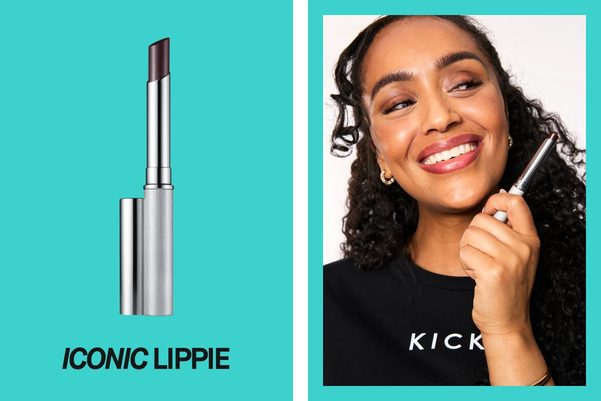 Kuva tummasta huulipunasta ja henkilöstä, joka pitää huulipunaa kädessään. Teksti "ICONIC LIPPIE".