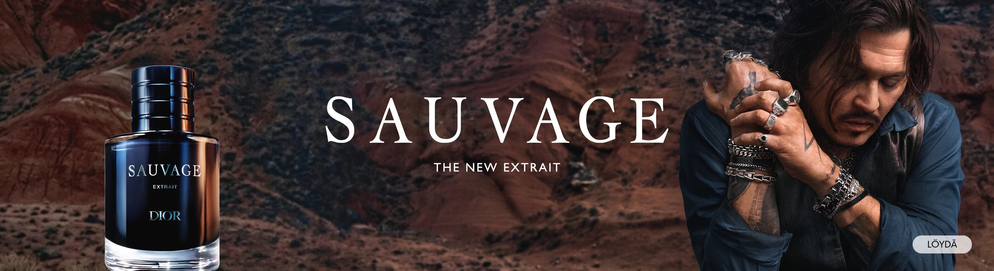 Dior Sauvage Extrait -hajuvesipullo Johnny Deppin vieressä. Teksti: Sauvage, The New Extrait. Painike: Löydä.