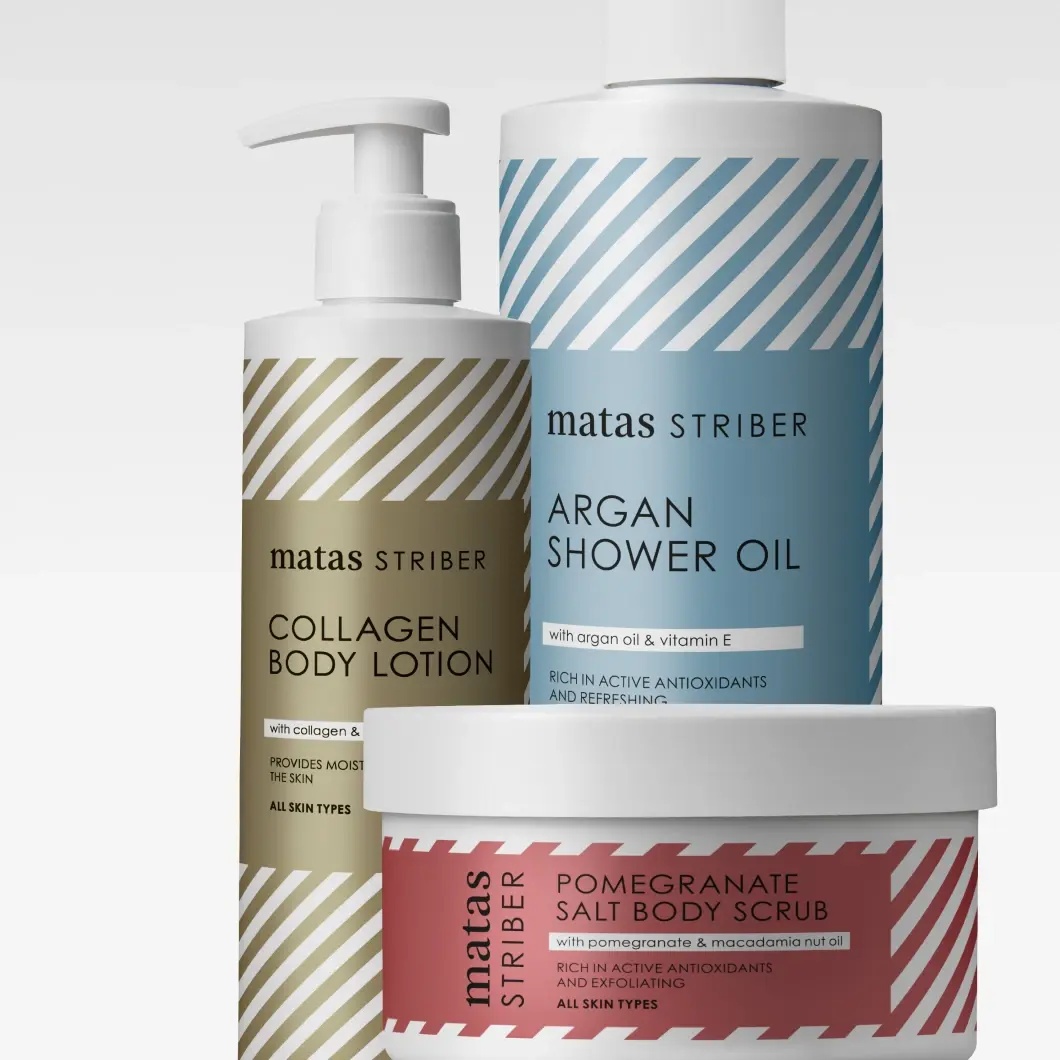 Matas Striber -vartalonhoitoa: Collagen Body Lotion with collagen & glycerin, Argan Shower Oil with argan oil & vitamin E sekä Pomegranate Salt Body Scrub with pomegranate & macadamia nut oil, rich in active antioxidants and exfoliating, all skin types.