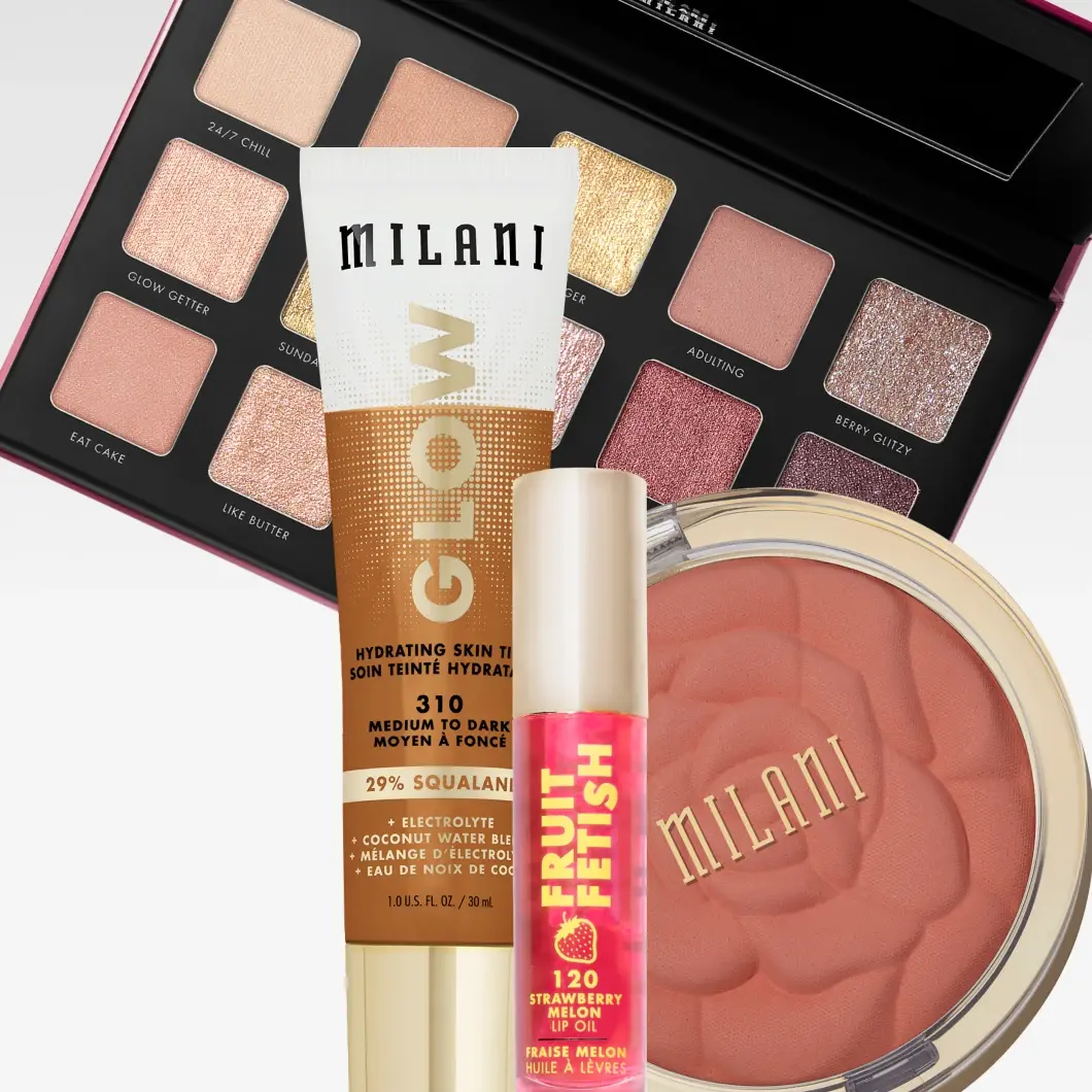 Milani sminkprodukter, inklusive en ögonskuggspalett med nyanser som 'Glow Getter' och 'Berry Glitzy', 'Glow' Hydrating Skin Tint (310 Medium to Dark), 'Fruit Fetish' 120 Strawberry Melon Lip Oil, och en persikofärgad Milani rouge med rosdesign.