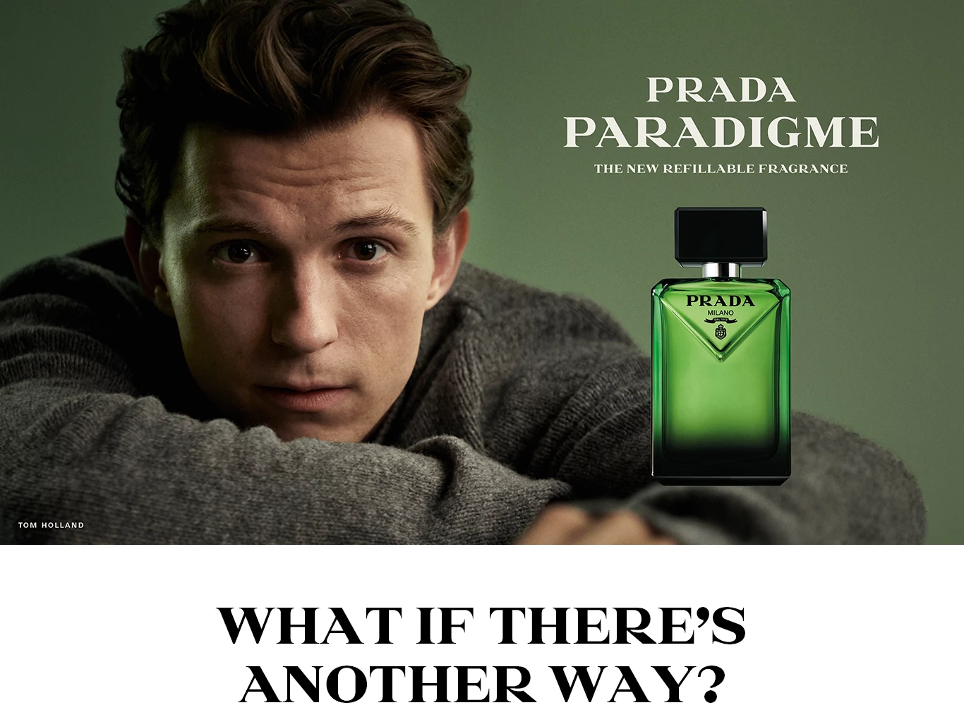 Prada Paradigme-annons med en grön påfyllningsbar parfymflaska och texten "What if there's another way?"