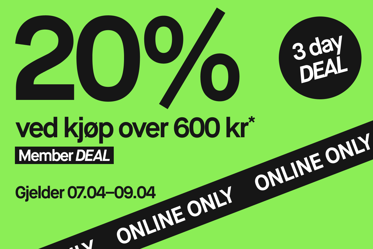 Grønn kampanjebanner med tekst “20% ved kjøp over 600 kr*”, “Member DEAL”, “Gjelder 7–9/4”, sirkel med “3 day DEAL” og diagonalt svart bånd med “ONLINE ONLY”.