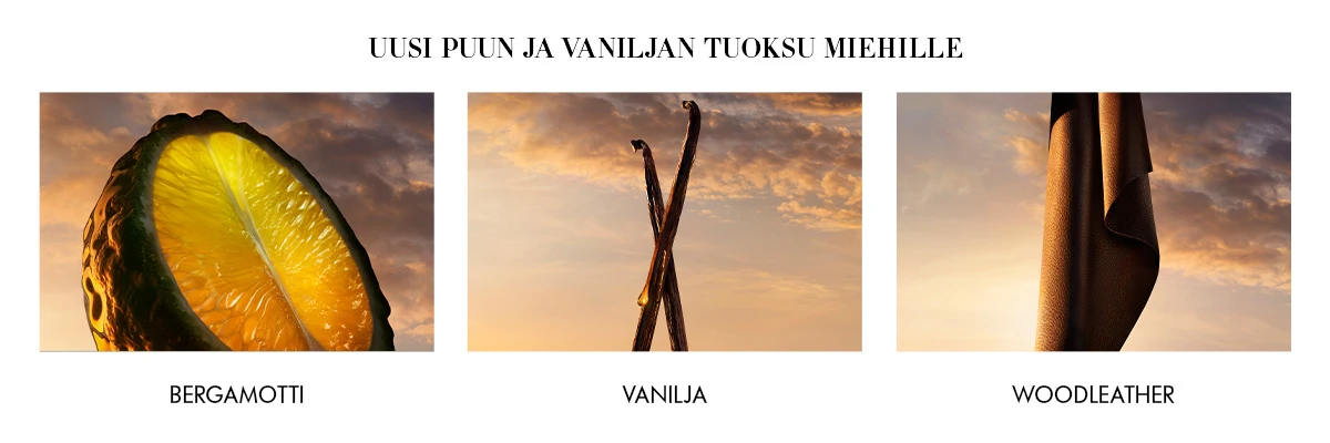 Giorgio Armani I Will -tuoksun tuoksunuotit: bergamotti, vanilja ja puumainen nahka. Teksti: ”Uusi puumainen vaniljatuoksu miehille.”