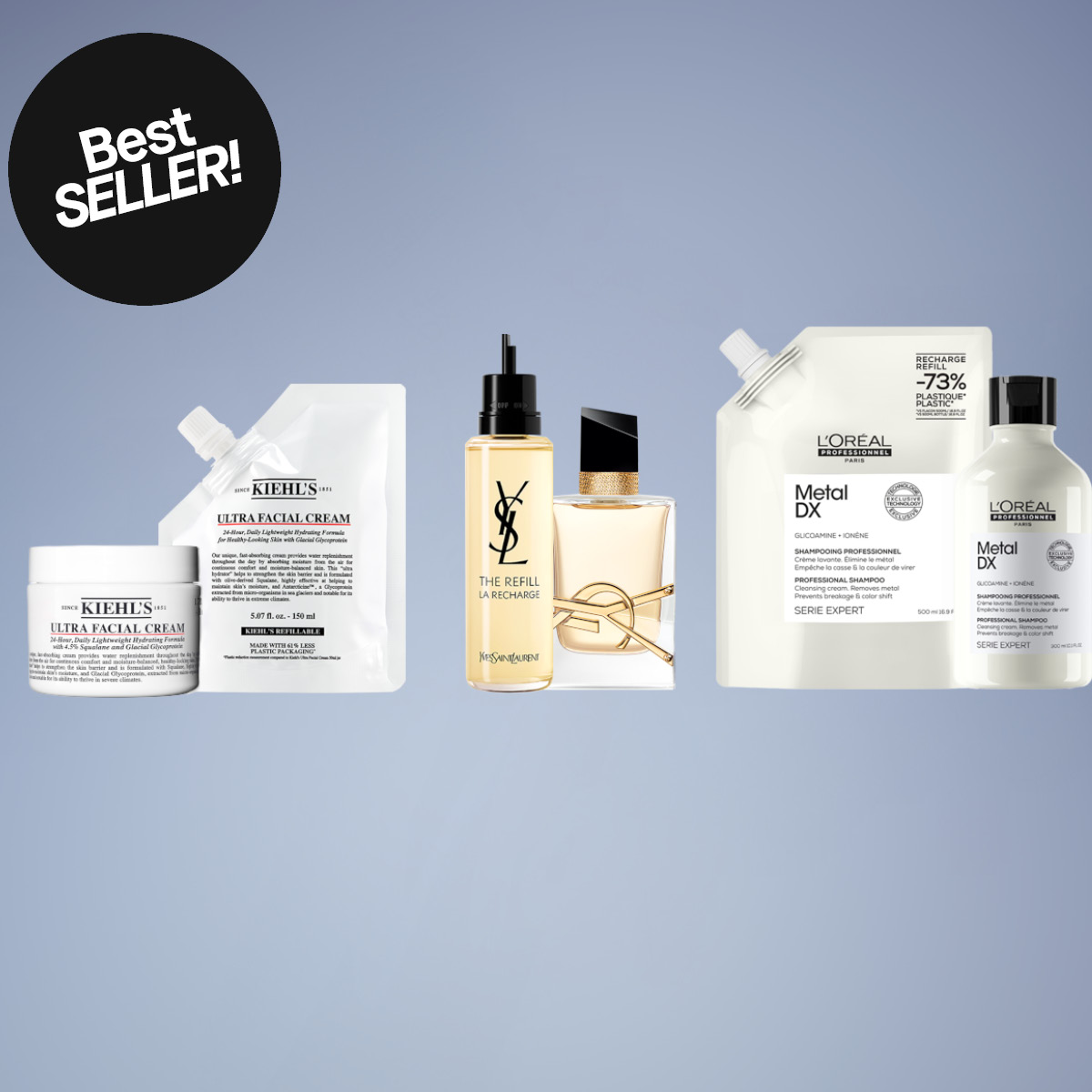 Kiehl’s-, YSL- ja L’Oréal Professionnel -tuotteita vaaleansinisellä taustalla. Kuvassa teksti: ”Best Seller!”.
