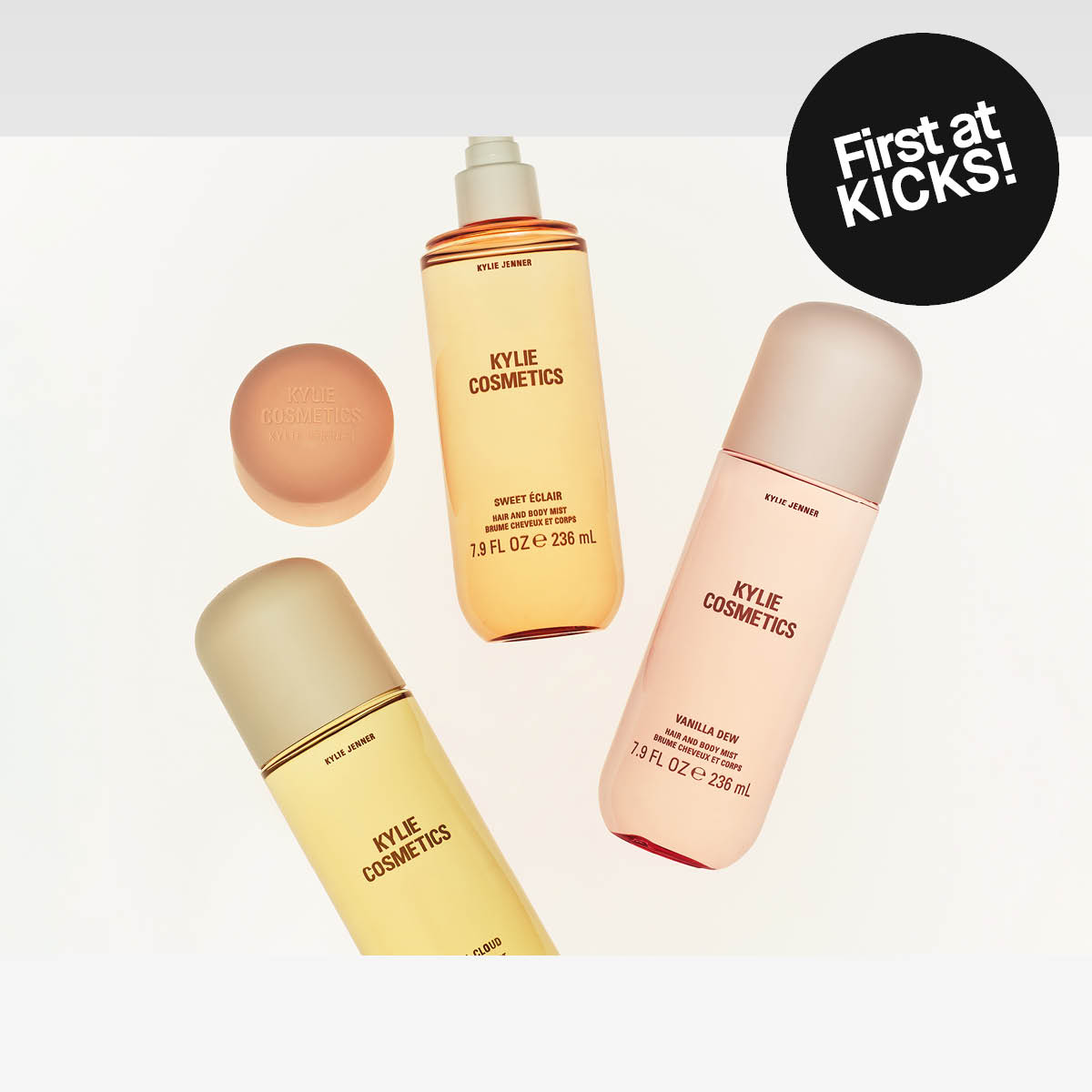 Kylie Cosmetics Hair and Body Mist i tre dufter mot lys bakgrunn, elegant presentert