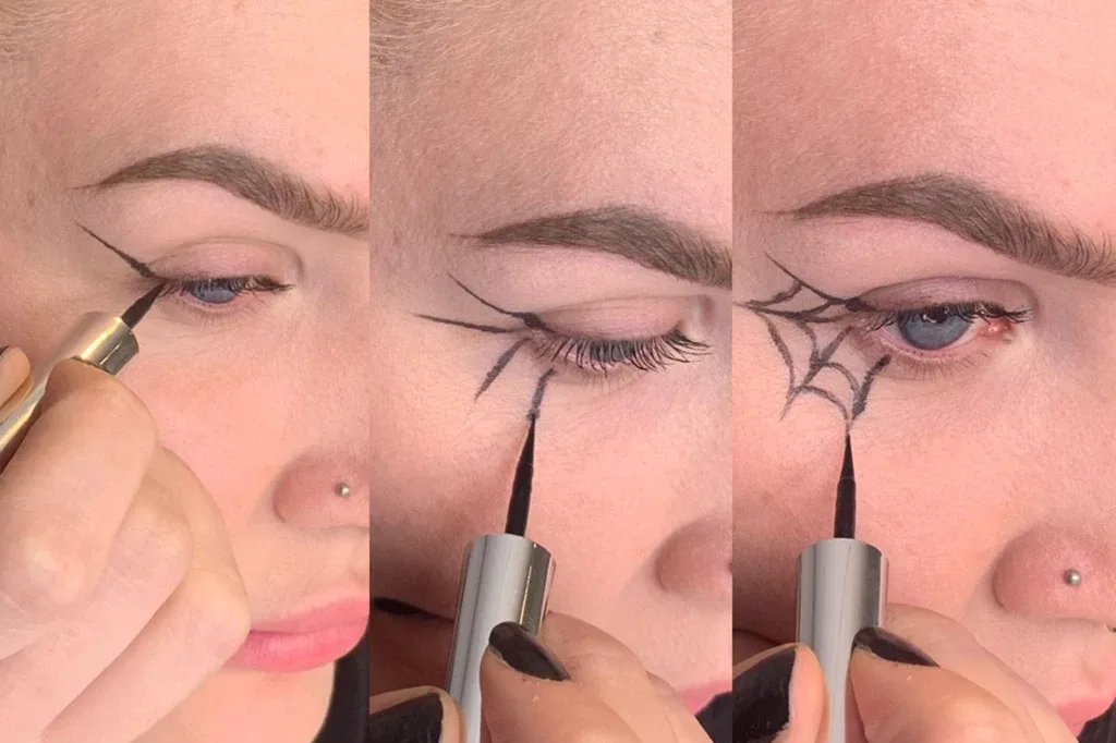 Tretrinnsbilde, der personen tegner edderkoppnett på den ytre øyekroken med eyeliner.