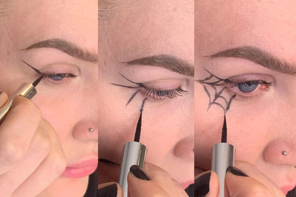 Kolmivaiheinen kuva, jossa henkilö piirtää hämähäkinseitin silmän ulkonurkkaan eyelinerilla.