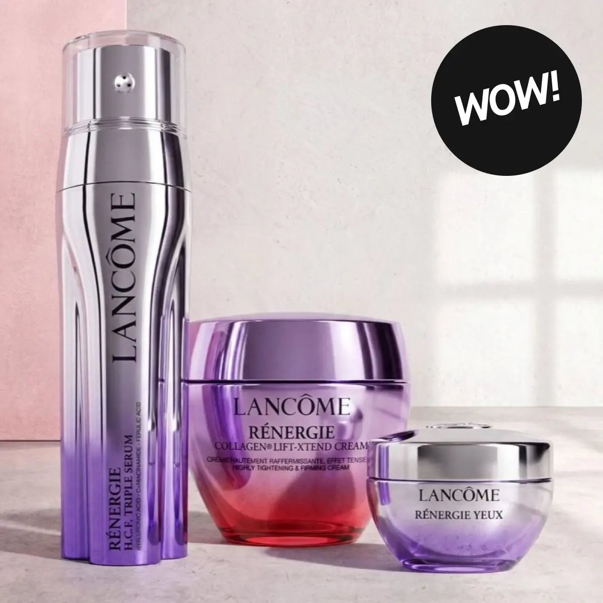 Tre Lancôme Rénergie produkter: H.C.F. Triple Serum, Collagen Lift-Xtend Cream och Rénergie Yeux ögonkräm.