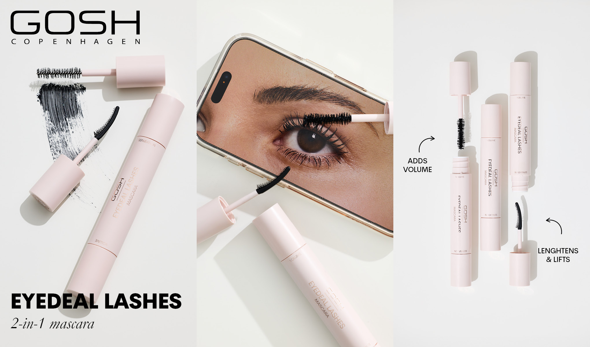 GOSH Copenhagenin Eyedeal Lashes 2-in-1 -ripsiväri tarjoaa sekä tuuheutta että pituutta. Kuvassa näkyy ripsivärin pakkaus ja harjat.