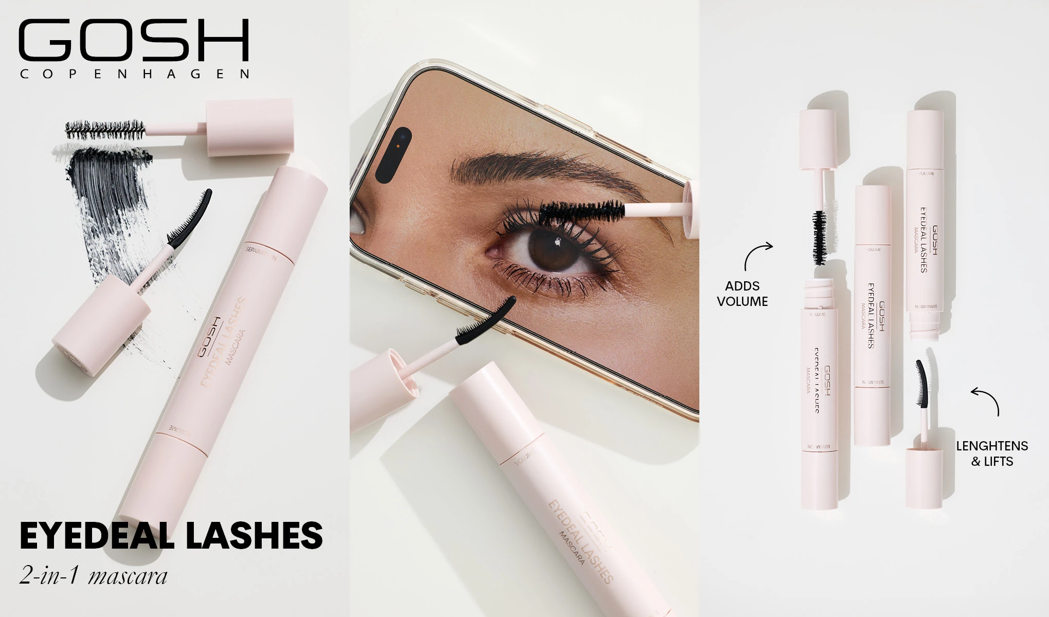GOSH Copenhagenin Eyedeal Lashes 2-in-1 -ripsiväri tarjoaa sekä tuuheutta että pituutta. Kuvassa näkyy ripsivärin pakkaus ja harjat.
